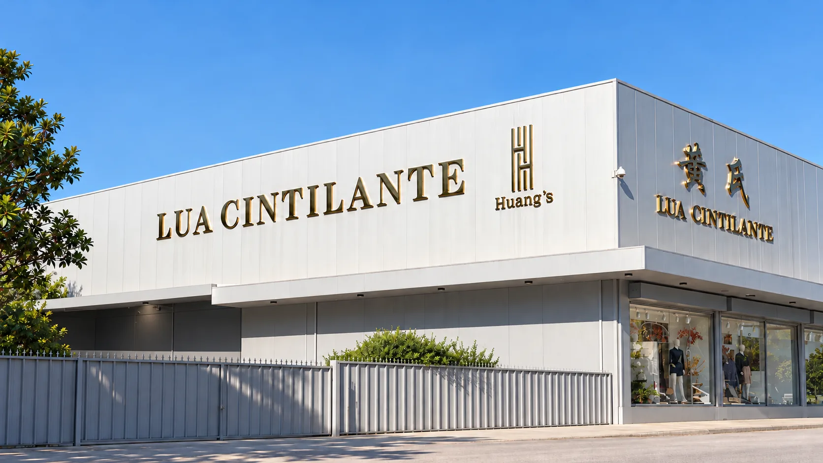 Fachada principal da loja HUANG'S LUA CINTILANTE em Árvore, com os letreiros LUA CINTILANTE e 黄氏